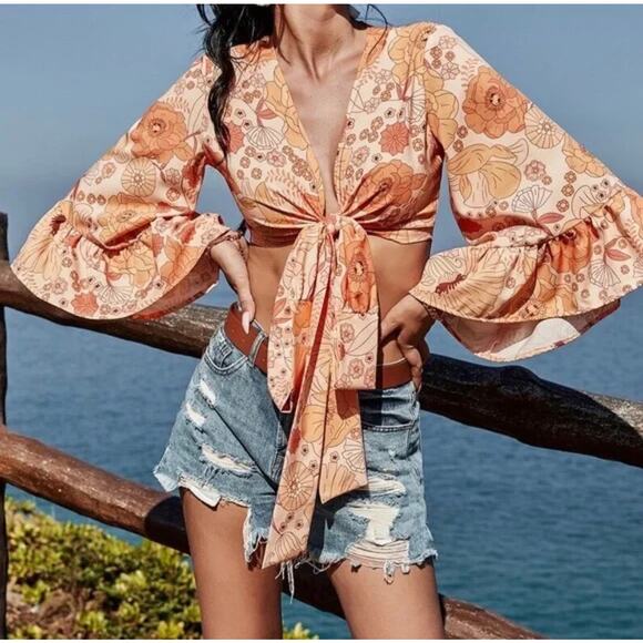 other Tops - Boho top NWOT XS-XL crop tie front ruffle flare sleeves orange floral hippie